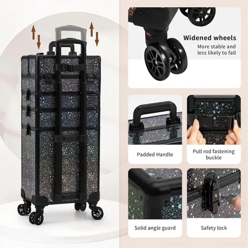 Miniatura 5 de AROUS Estuche de Maquillaje Rodante 5 en 1, Estuche de Cosmetología con Ruedas, Organizador de Cosméticos Grande, Carro de Viaje para Peluquero