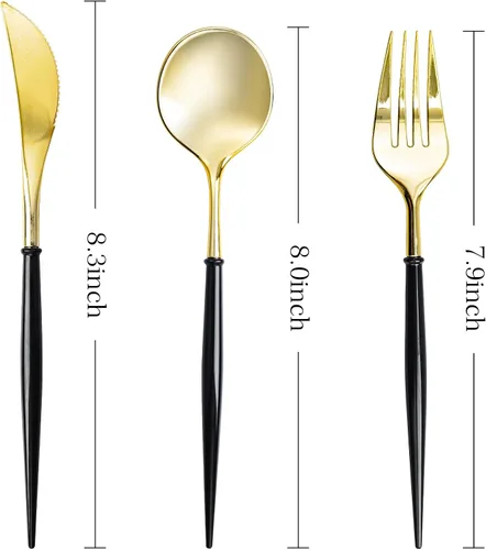 Miniatura 2 de N9R Juego de cubiertos de plástico dorado - 90 piezas con mango negro - Cubiertos de plástico elegantes, resistentes - 30 cucharas, 30 tenedores, 30