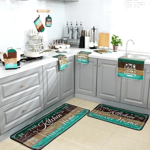 Miniatura 7 de Fourluoo Juego de 10 piezas de decoración y accesorios de cocina de granja, 4 toallas de cocina, 2 soportes para ollas, 2 guantes de horno, 2 Verde