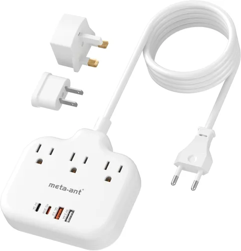 Miniatura 20 de Adaptador de enchufe de viaje europeo, adaptador de enchufe estadounidense a europeo con 3 tomas de corriente americanas y 4 USB, cable