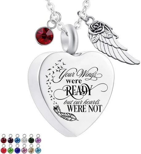 Collar de urna de cremación de corazón para cenizas, colgante conmemorativo con kit de relleno y bolsa de terciopelo de regalo, tus alas estaban