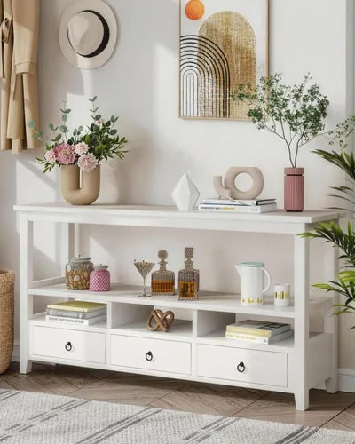 Miniatura 8 de Karl home Mesa consola con 3 cajones, escritorio de entrada de 58 pulgadas de ancho, mesa auxiliar con 6 estantes inferiores de almacenamiento, Negro