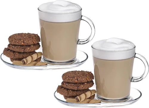 DESTALYA Juego de tazas de café con asas y platillos | Tazas de vidrio transparente con mango de 13.52 onzas para bebidas calientes bebidas frías |