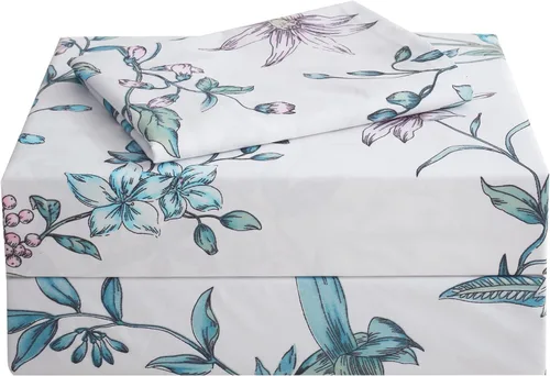 Miniatura 42 de JSD Juego de sábanas con estampado floral azul, tamaño Queen, 4 piezas, sábanas de microfibra con patrón suave, bolsillo extra profundo Sakura
