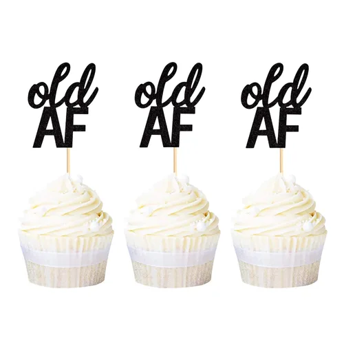 Ercadio Paquete de 24 adornos negros para cupcakes con purpurina para cumpleaños de 40, 50, 60, 70, 80, 90, cumpleaños, fiesta de jubilación,