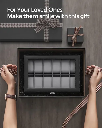 Miniatura 7 de SONGMICS Caja de reloj caja de reloj de 12 ranuras con tapa de cristal grande almohadas de reloj extraíbles organizador de caja de reloj regalo