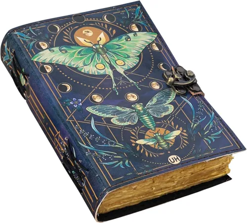 Libro de Hechizos en Blanco Diario de las Sombras con Cierre de Cerradura Vintage Hecho a Mano de Cuero con Estampado de Polillas Luna y Mariposa