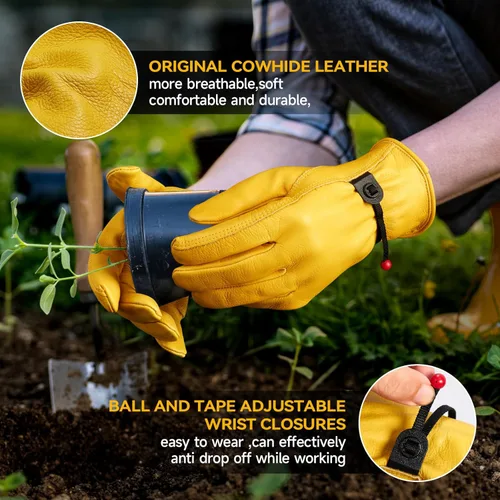 Miniatura 3 de Guantes de trabajo de cuero para hombres y mujeres con puño ajustable, resistentes, de piel de vaca
