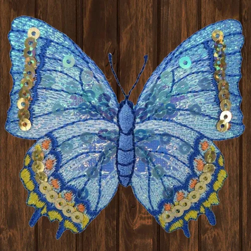 Paddy's Patches Parche para planchar con lentejuelas de mariposa, azul y amarillo de 3.125 x 2.875 pulgadas, parches bordados, insignias de bordado,