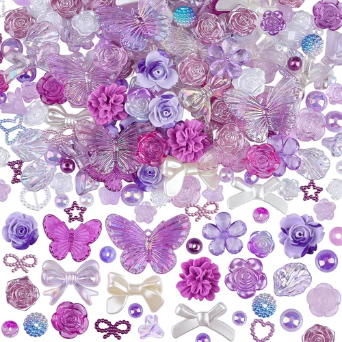 Miniatura 10 de 350 piezas de resina 3D ABS coloridos lazos de flores de rosas con parte trasera plana, cuentas de perlas semicirculares para pulseras, aretes