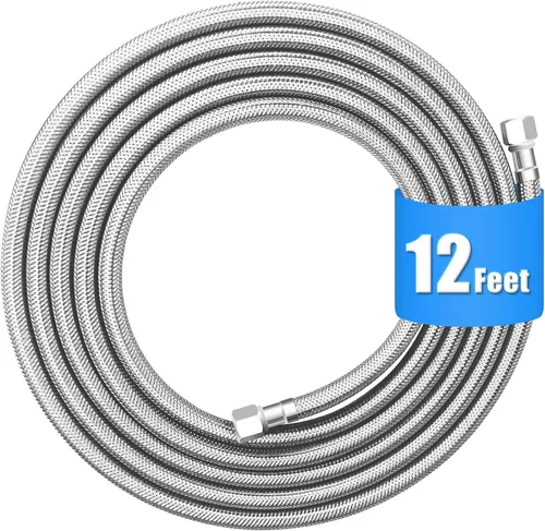 Línea de agua para refrigerador - 12 pies de manguera de agua para máquina de hielo de acero inoxidable trenzado premium, línea de agua para