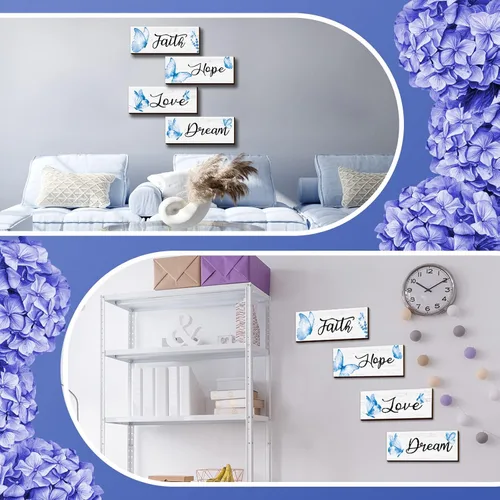 Miniatura 7 de Gerrii 4 piezas de decoración de pared de fe, esperanza, amor, sueño, elegante, primavera, mariposa, madera, decoración para colgar en la Azul