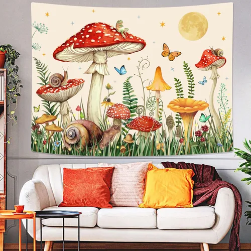 Miniatura 2 de Zussun Tapiz de hongo rojo, tapices de luna y estrella para dormitorio, estética de color beige, noche estrellada, planta verde, tapiz de pared