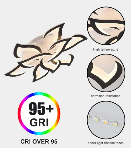 Miniatura 7 de MEIXISUE Lámpara de techo moderna con flor LED en negro, accesorios de iluminación de techo montados con control remoto para sala de estar