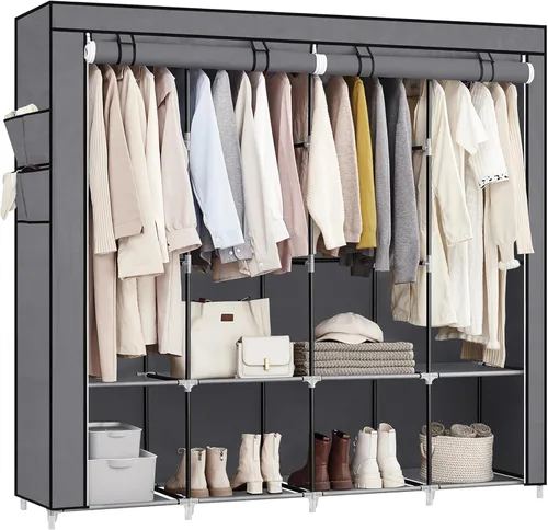 Miniatura 10 de SONGMICS Armario portátil, Organizador de armario con cubierta, 2 barras para colgar y estantes, 4 bolsillos laterales, 33.9 x 17.7 x 65.7 pulgadas