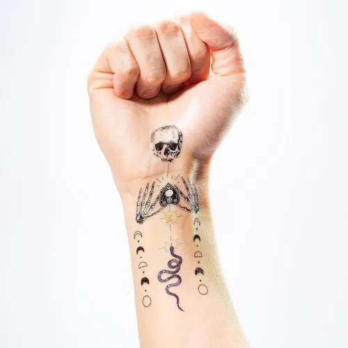 Miniatura 4 de Cheerland Tatuajes de Halloween, esqueleto, tatuajes temporales, negro y blanco, gótico, recuerdos de fiesta de cumpleaños, tatuajes de temperatura