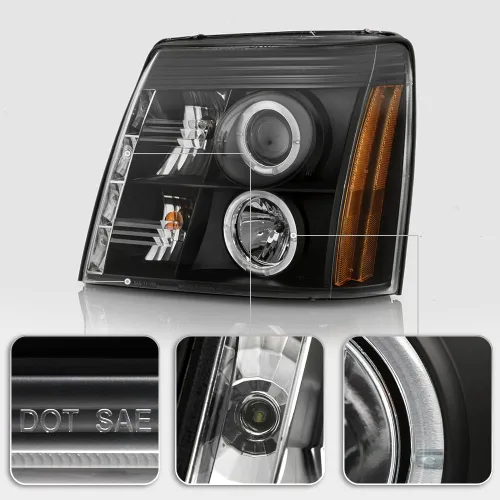 Miniatura 4 de AKKON - Para 02-06 Cadillac Escalade bisel negro anillo halo DRL tira de luz LED halógena tipo proyector faros delanteros Carcasa negra