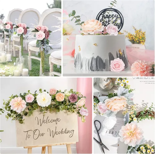 Miniatura 6 de AmyHomie - Juego de flores artificiales color rosa pálido y champán, flores de seda falsas, peonías, rosas con tallo para bricolaje, ramos de boda
