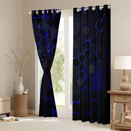 Miniatura 3 de Manfei Cortinas opacas negras de panal de abeja con luces de neón azul real, tratamientos de ventana con estampado geométrico hexagonal, decoración