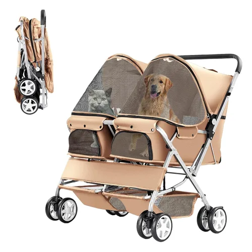 Cochecito doble para mascotas, cochecito plegable para 2 perros y gatos, porta mascotas de dos plazas, para paseos y viajes, con almacenamiento,