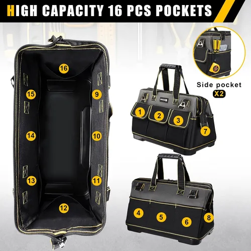Miniatura 3 de Bolsa de herramientas de 20 pulgadas para hombres con base moldeada impermeable, bolsa de boca ancha de alta capacidad, bolsas de herramientas