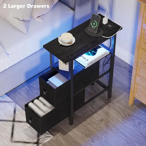 Miniatura 6 de TRIFEBLE Mesa auxiliar con estación de carga, mesa auxiliar estrecha con 2 cajones de tela, mesita de noche delgada con luz LED, mesita de noche