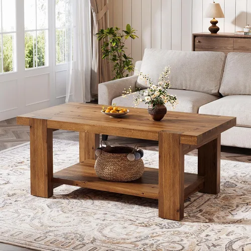 Miniatura 4 de Mesa de centro de madera maciza con estante de almacenamiento de 2 niveles, mesa central rectangular de granja de 47.2 pulgadas para sala de estar