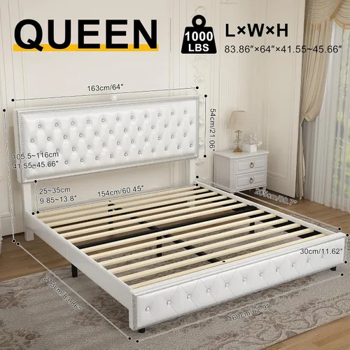 Miniatura 2 de Base de cama de plataforma tapizada tamaño Queen con cabecera LED, proyector de estrellas integrado y cabecera ajustable, no necesita somier, fácil