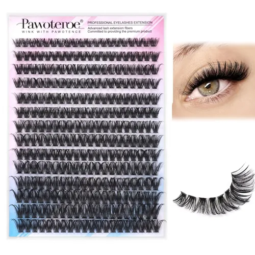 Extensiones de pestañas Pawotence, racimos de 280 piezas, pestañas individuales en racimo, extensiones de pestañas 50D, mezcla de 9-16 mm, racimos