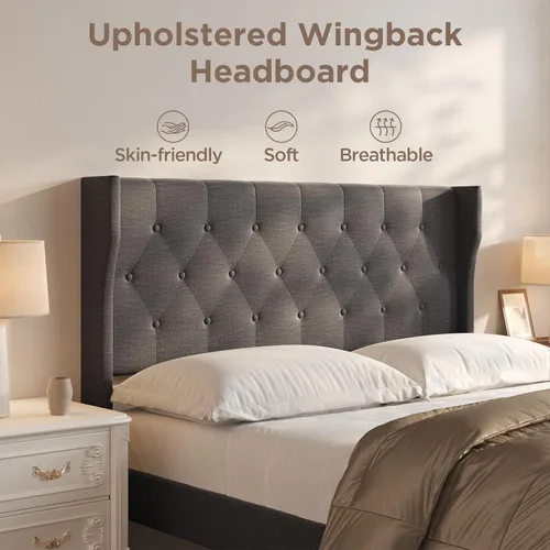 Miniatura 3 de Aiho Base de cama de tamaño matrimonial con cabecera copetuda con botones en la parte trasera, base de cama tapizada, soporte de listones de madera