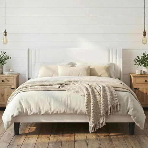 Miniatura 11 de Gizoon Base de cama matrimonial con cabecera de ala, plataforma tapizada con cabecera geométrica moderna, listones de madera, sin ruido, no necesita