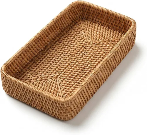 Miniatura 11 de Juego de 3 bandejas de ratán, bandeja rectangular tejida, bandeja decorativa de mimbre, organizador de tocador de mesa de café, encimera de cocina