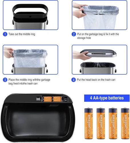 Miniatura 4 de Cubo de basura inteligente automático plateado de 13 galones de 50 litros con tapa para cocina, oficina, dormitorio, cubo de basura y más, cuerpo