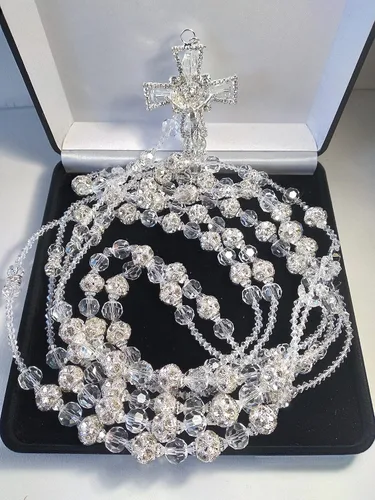 Lazo de boda para boda de Cristal fino Combinado con bola de rhigestone de 0.630 in con Cristal Lasso Color Plata sin imagenes y Cruz católica.