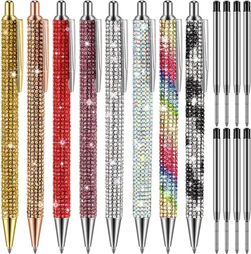 Lincia 8 bolígrafos de diamantes de imitación brillantes, bonitos bolígrafos de diamantes de imitación a granel, bolígrafo de metal colorido con 8