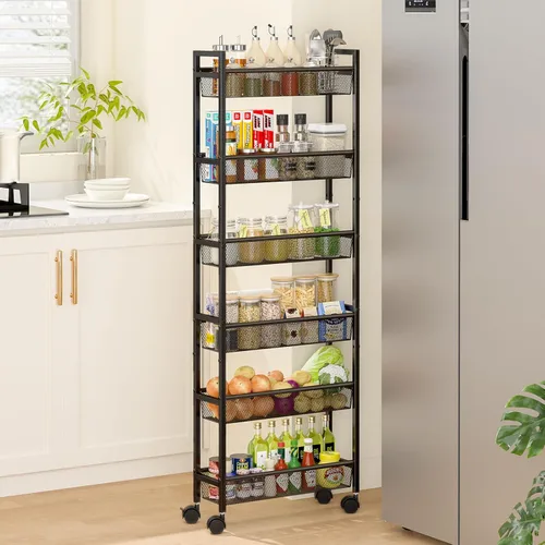 ThreeHio Carrito de almacenamiento delgado de 6 niveles, carrito estrecho con ruedas, estantería móvil de metal para cocina, baño, lavandería, sala