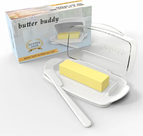 Plato de Mantequilla con Tapa y Cuchillo, Platos de Mantequilla Grandes de Plástico con Tapa de Bisagra Transparente y Fácil de Voltear, Fondo