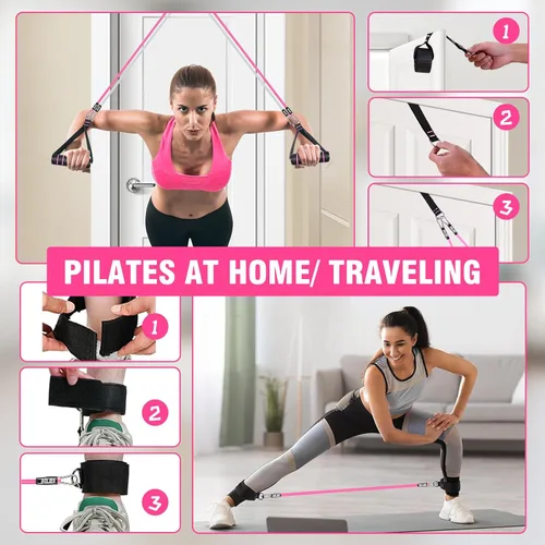 Miniatura 9 de Kit de barra de pilates Bbtops con bandas de resistencia, barra de pilates con bandas apilables, equipo de entrenamiento para piernas, cadera, Rosa