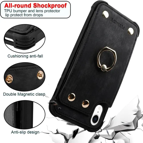 Miniatura 4 de Funda tipo cartera compatible con iPhone XR/10R con tarjetero de crédito, funda protectora de cuero a prueba de golpes compatible con anillo