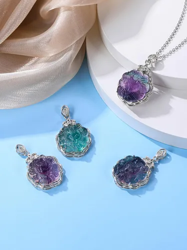 Miniatura 3 de Jovivi Natural Fluorite Crystal Necklace Healing Chakra Stone Gemstone Amulet Lucky Charm Pendant Adjustable Rope