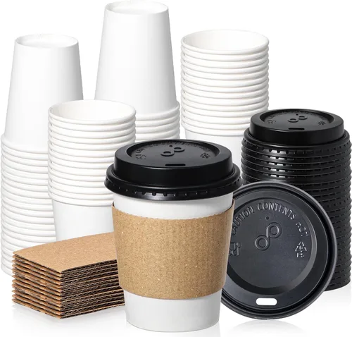 Fit Meal Prep Paquete de 50 tazas de café desechables de 8 onzas con tapas, mangas, a prueba de fugas, tazas de café con tapas, vasos de papel