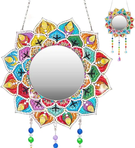 Espejo de pintura de diamante, espejo de maquillaje de mandala, atrapasoles de cristal con forma especial para principiantes, manualidades, regalos,