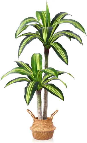 Ferrgoal Plantas artificiales, árbol de Dracaena de 4 pies, plantas de imitación para interiores y exteriores, árbol falso con cesta tejida de