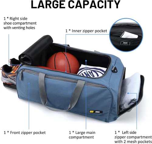 Miniatura 2 de MIER Bolsa de gimnasio grande para hombres con compartimento para zapatos, bolsas de lona ligeras para deportes, viajes, entrenamiento, fitness, fin