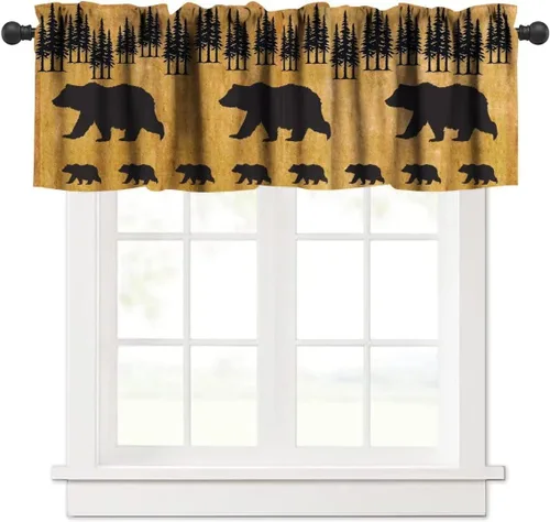 Cenefa de cortina de oso negro, diseño rústico de granja con siluetas de bosque de osos, cenefas opacas para ventana, cortina corta vintage para el
