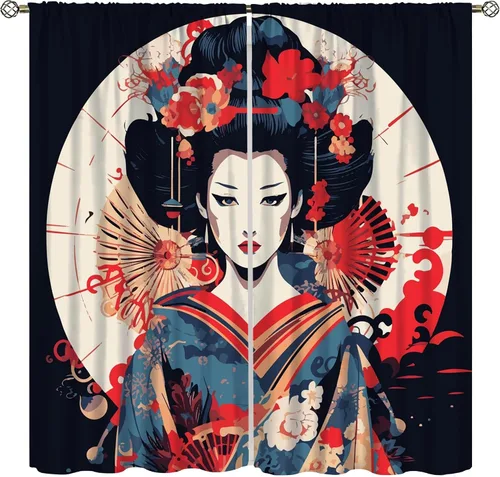 Miniatura 13 de Cortinas de geisha japonesas, flores rosas, ramas de árbol, sexy, glamour, para mujer, encantador, estética, oriental, con bolsillo para barra