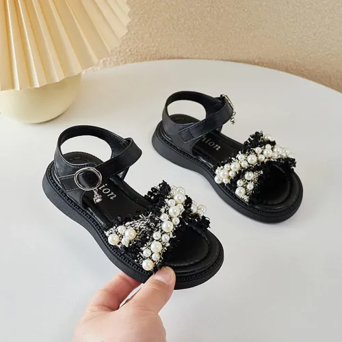 Miniatura 3 de BININBOX Sandalias planas de verano para niñas pequeñas y grandes, con purpurina y puntera abierta, antideslizantes, suela de goma suave, zapatos