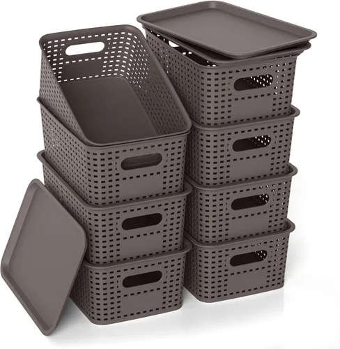 Miniatura 11 de Cesta de almacenamiento de plástico con tapa, contenedores pequeños apilables para organización y contenedores para estantes, cajones, escritorio
