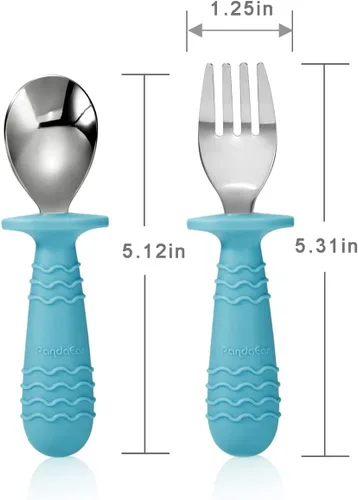 Miniatura 2 de PandaEar Juego de 4 utensilios de silicona de acero inoxidable para bebés y niños pequeños, cubiertos y tenedores para bebés sin BPA con sujeción
