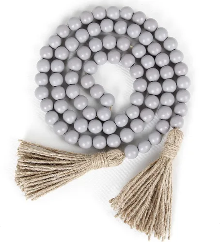 Guirnalda de cuentas de madera de 58 pulgadas con borlas, decoración rústica de granja, decoración de oración bohemia para colgar en la pared (gris)